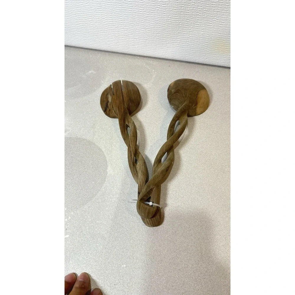 Vintage Teak Wood Salad Serving‎ Fork Spoon Carved Twisted Handles Utensils Used